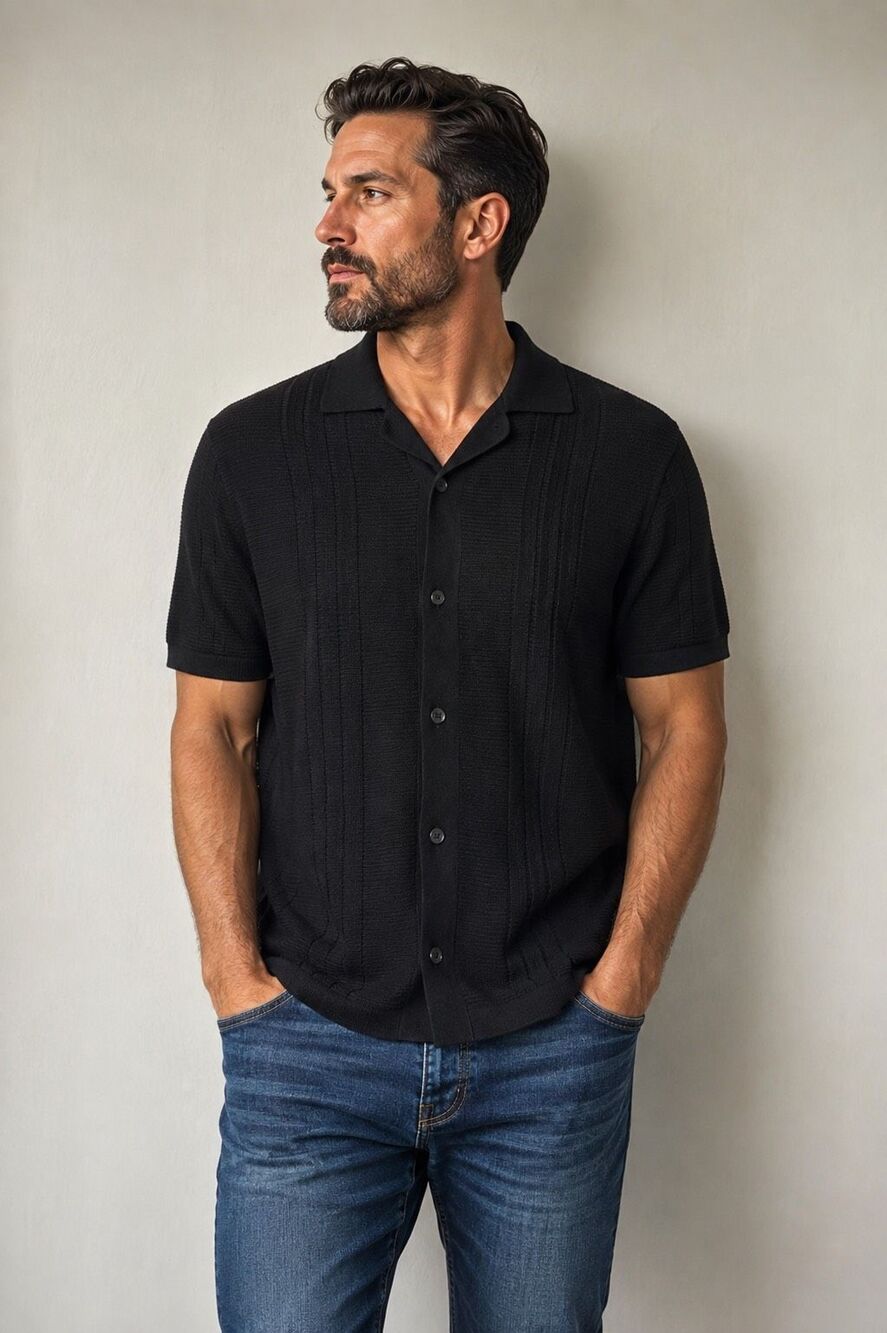 Uniqlo Limited Edition Cotton Blend Textured Knit Button Up Shirt Black Size L